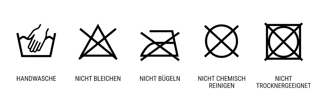 Pflegesymbole: Handwäsche, Nicht bleichen, Nicht bügeln, Nicht chemisch reinigen, Nicht trocknergeeignet